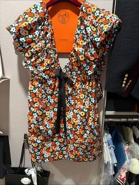 Agua by Agua Bendita Black Floral Ruffle Dress with Orange & Yellow Blooms